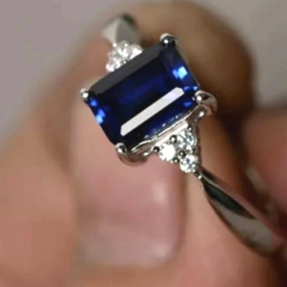 NEW Blue Sapphire and Silver Ring with CZ stones